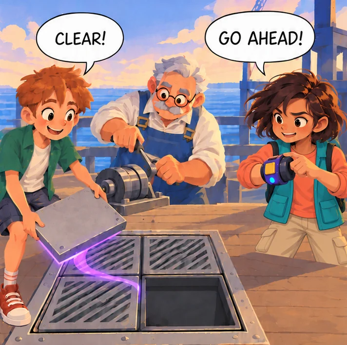 Comic panel. Alexa’s tool lifts the clear quarter out of the grate while a crew member reaches in. Leo: “Clear!” Alexa: “Go ahead!”