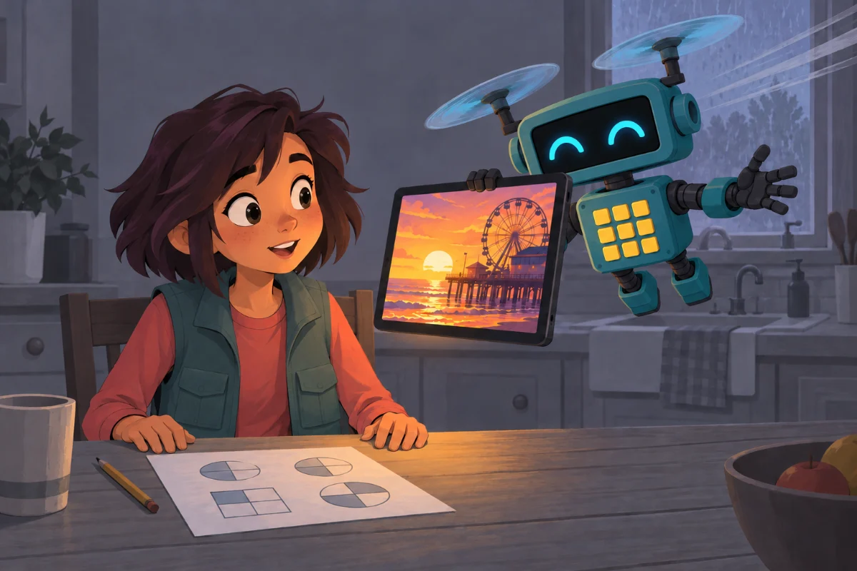 Panel 2. Tally the robot zooms in holding up a tablet with SLICE! Episode 1 on it. Its warm light falls on Alexa, who sits up, curious.