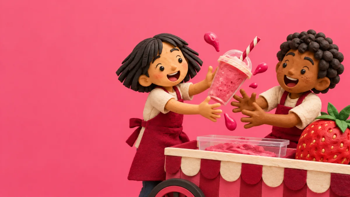 Two kids in aprons at a market smoothie cart grab for a strawberry smoothie flying out of its cup.