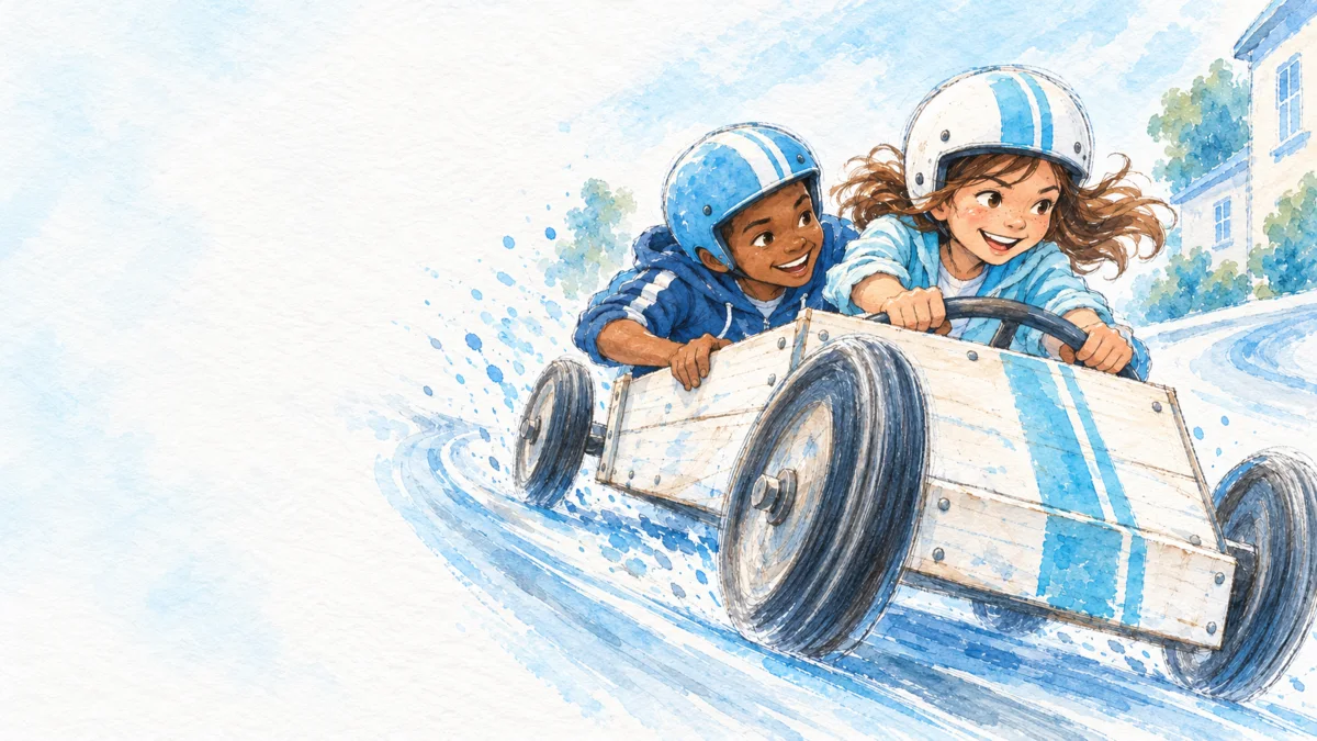 Two kids in helmets race a homemade wooden go-kart down a wet street, spray flying from the wheels.