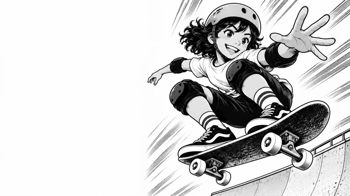 A grinning girl in a helmet and knee pads launches her skateboard off the lip of a half-pipe, one arm thrown out for balance.