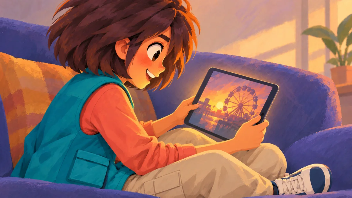 Then Alexa sits cross-legged on the sofa, grinning at a SLICE! comic on a tablet.