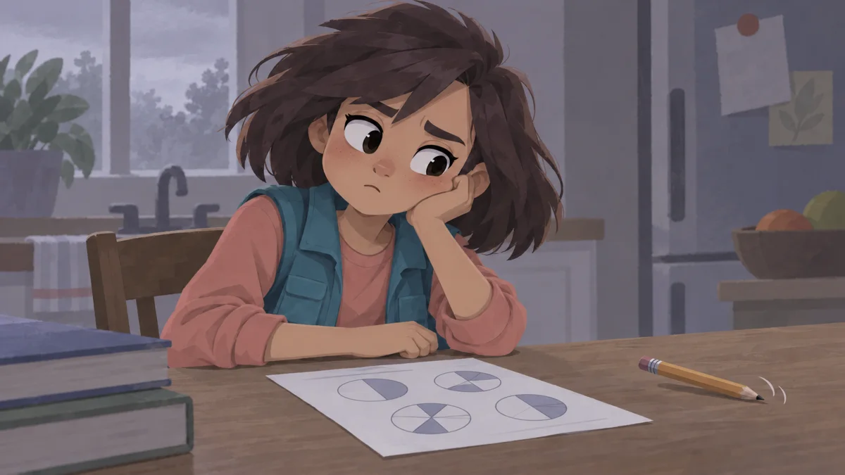Alexa slumps at the kitchen table with her chin in her hand, staring at a worksheet of fraction circles.