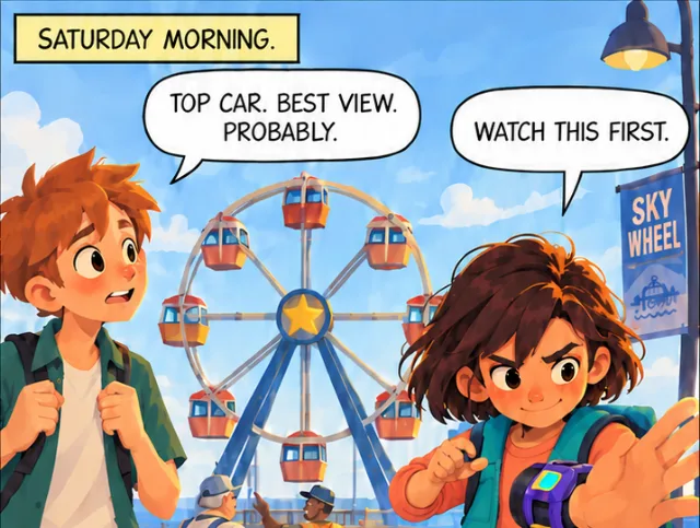 Saturday morning at the pier. Alexa holds out Grandpa’s SLICE tool in front of the Sky Wheel: “Watch this first.” Leo: “Top car. Best view. Probably.”