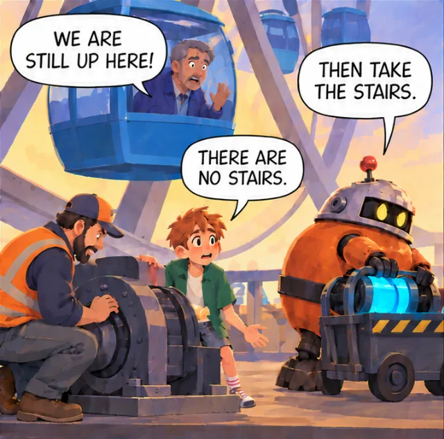 A rider waves from a stopped Sky Wheel car: “We are still up here!” The orange robot thief, hauling off the power core: “Then take the stairs.” Leo: “There are no stairs.”