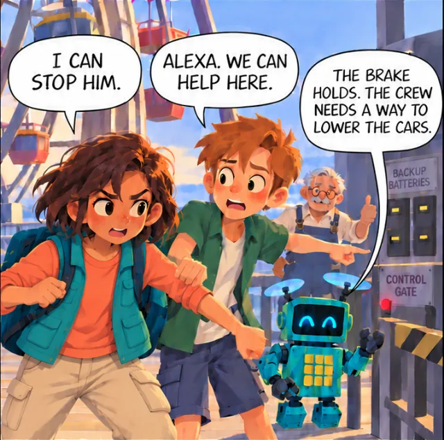 Alexa: “I can stop him.” Leo holds her back: “Alexa. We can help here.” Tally: “The brake holds. The crew needs a way to lower the cars.”