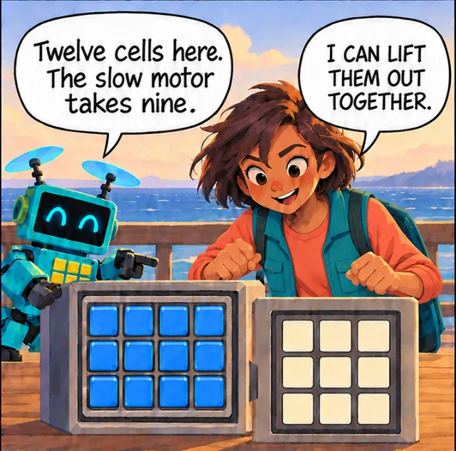 Beside a cabinet of twelve battery cells and an empty tray for nine, Tally says: “Twelve cells here. The slow motor takes nine.” Alexa: “I can lift them out together.”