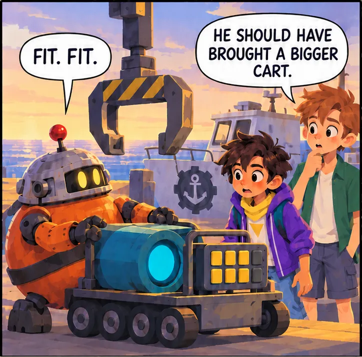 Comic panel at the end of the pier. The Rounder, a round orange robot, struggles to clamp the stolen power core onto his cart: “Fit. Fit.” Leo: “He should have brought a bigger cart.”
