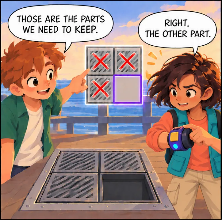 Comic panel after the pick 3/4. Three wired sections of the cover are marked with red crosses. Leo points: “Those are the parts we need to keep.” Alexa, adjusting her wrist tool: “Right. The other part.”